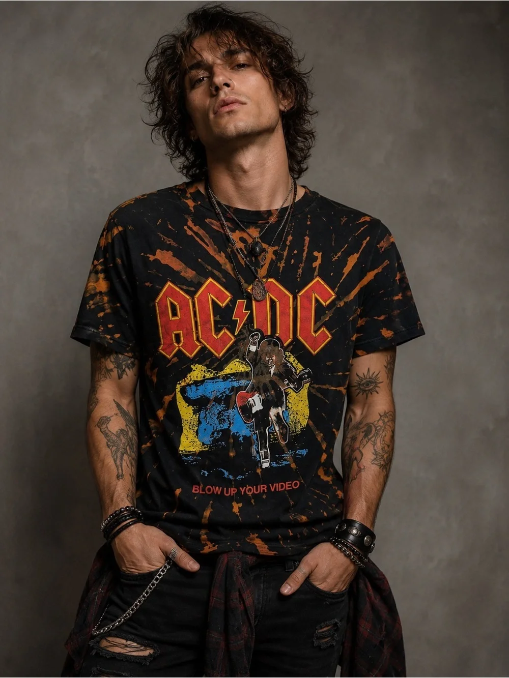 AC/DC Tie-Dye Short Sleeve Tee - Black, Orange, Yellow